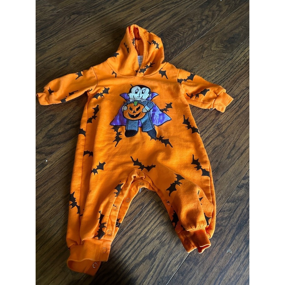 Halloween Vampire Bat Hooded Romper Orange Fleece 9 Months 153093F